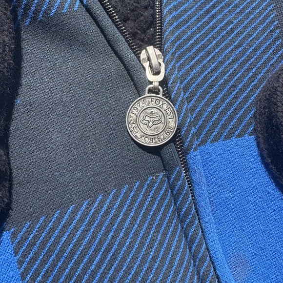 Y2K Vintage Fox Racing Blue & Black Plaid Sherpa-Lined Zip Up Hoodie - Picture 5 of 6